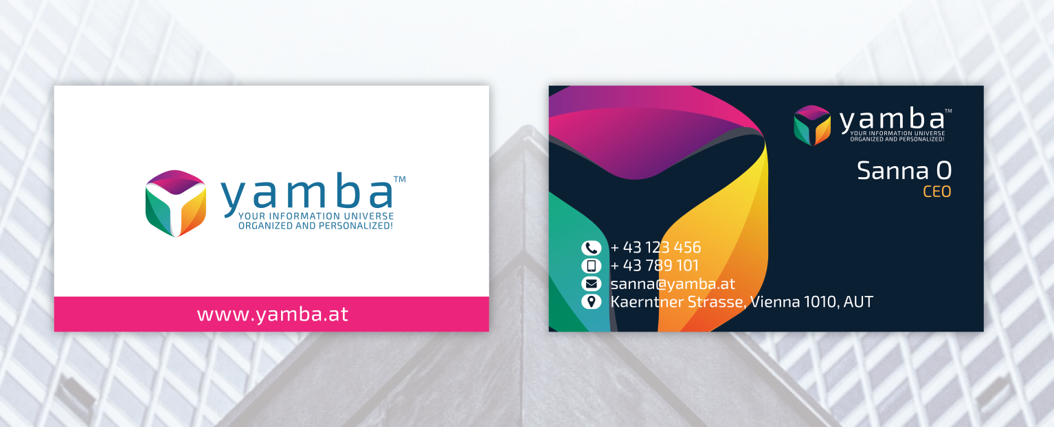 Front and back of a colourful business card