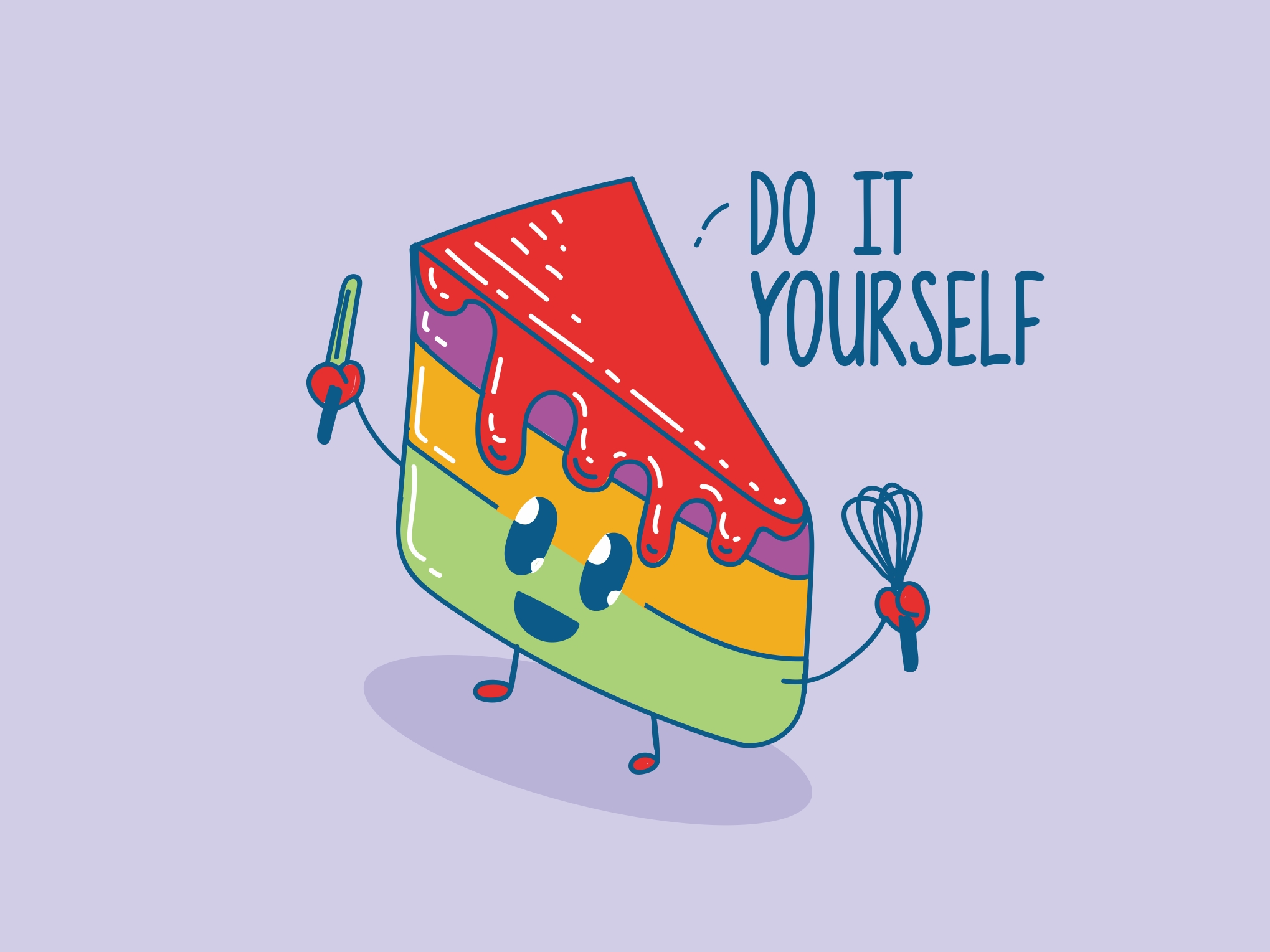 Cartoon slice of cake with face, arms and legs and holding a whisk and a palette knife