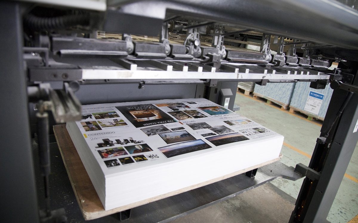 Close-up of an offset printing machine during a print run