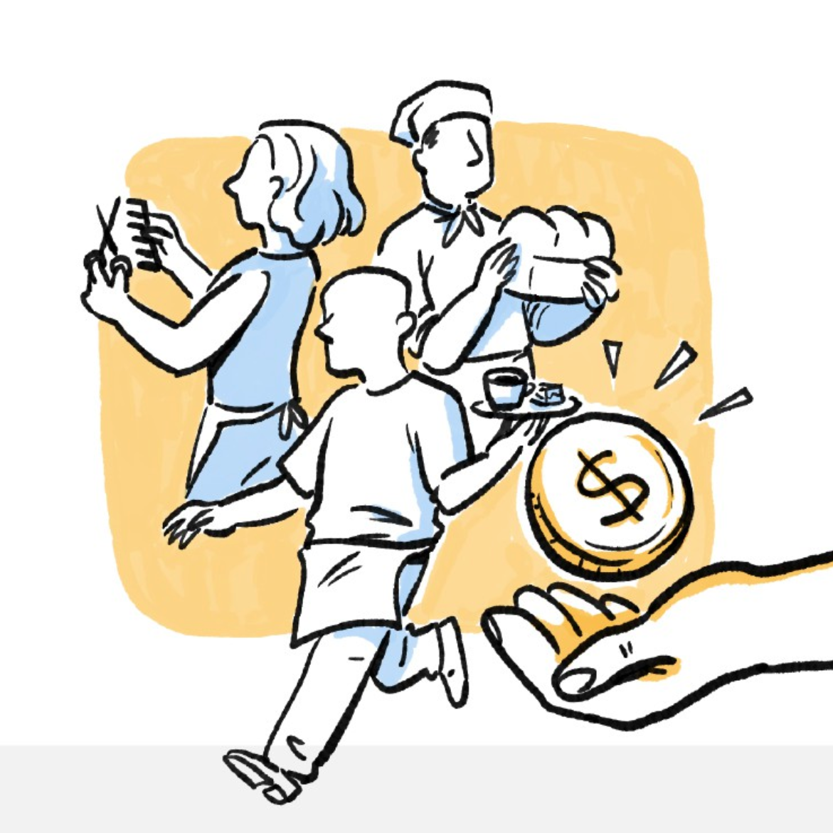 three staff workers in different industries with a coin next to them indicating cost and price