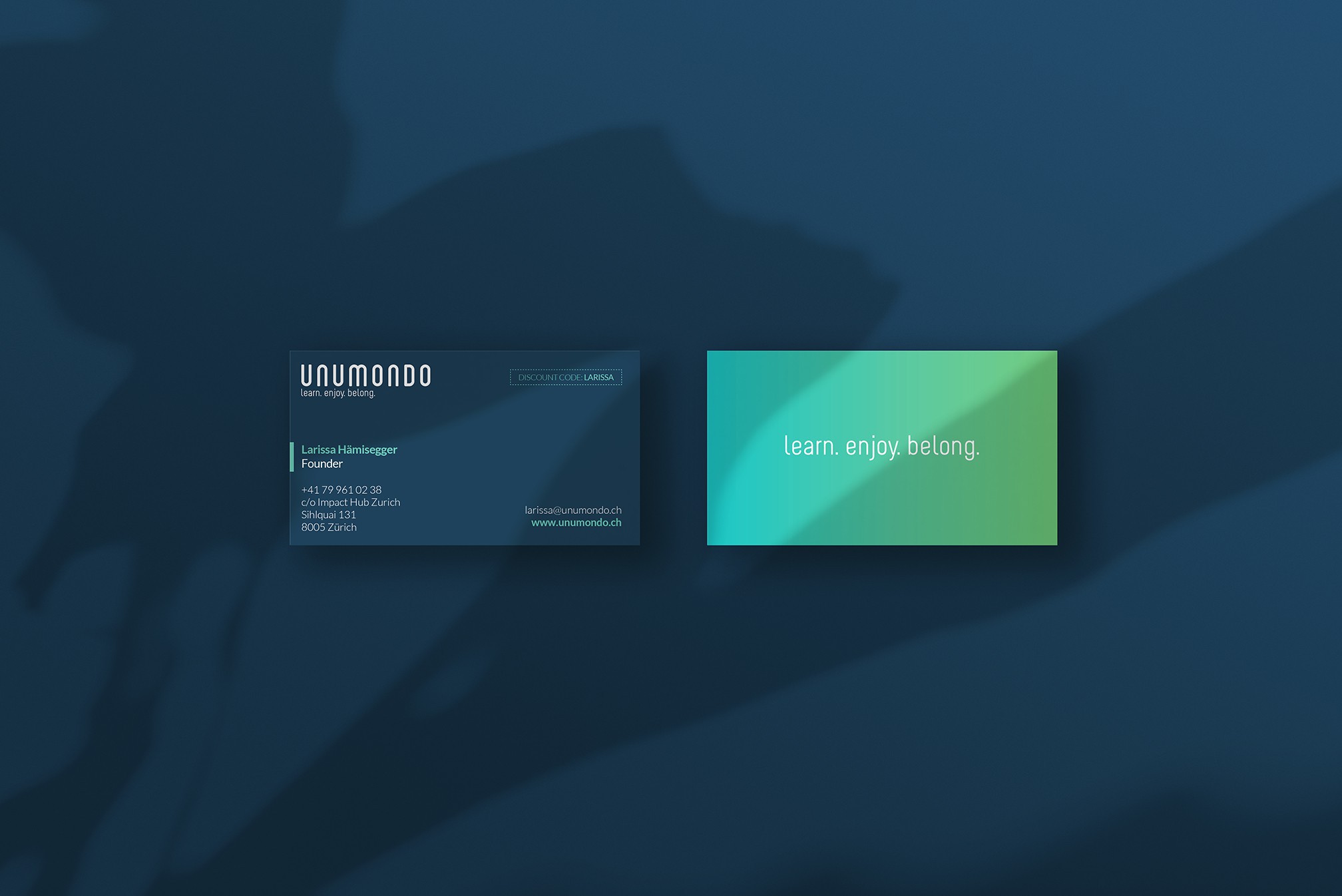 Blue and green business card design for an education brand