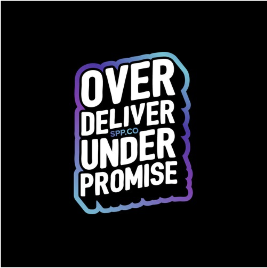 blue and purple holographic sticker with white text, on a black background