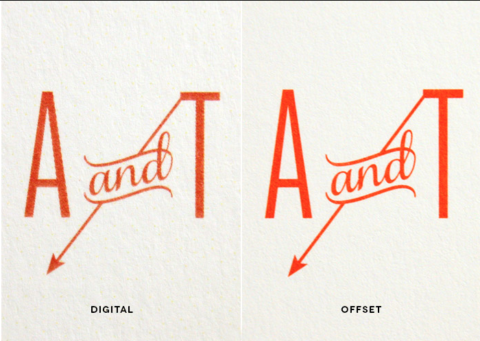 side-by-side comparison of digital vs. offset printing of a logo