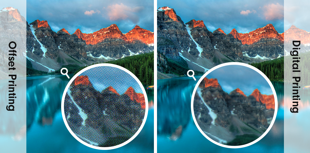side-by-side comparison of an image of mountains, digital and offset printed