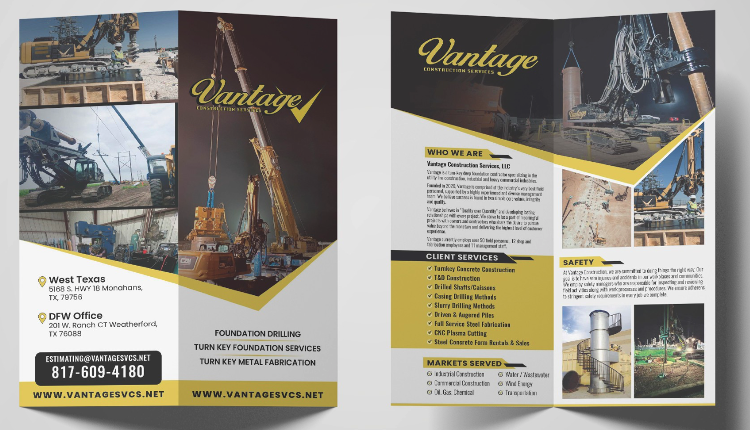 yellow, white and black brochure for a construction company