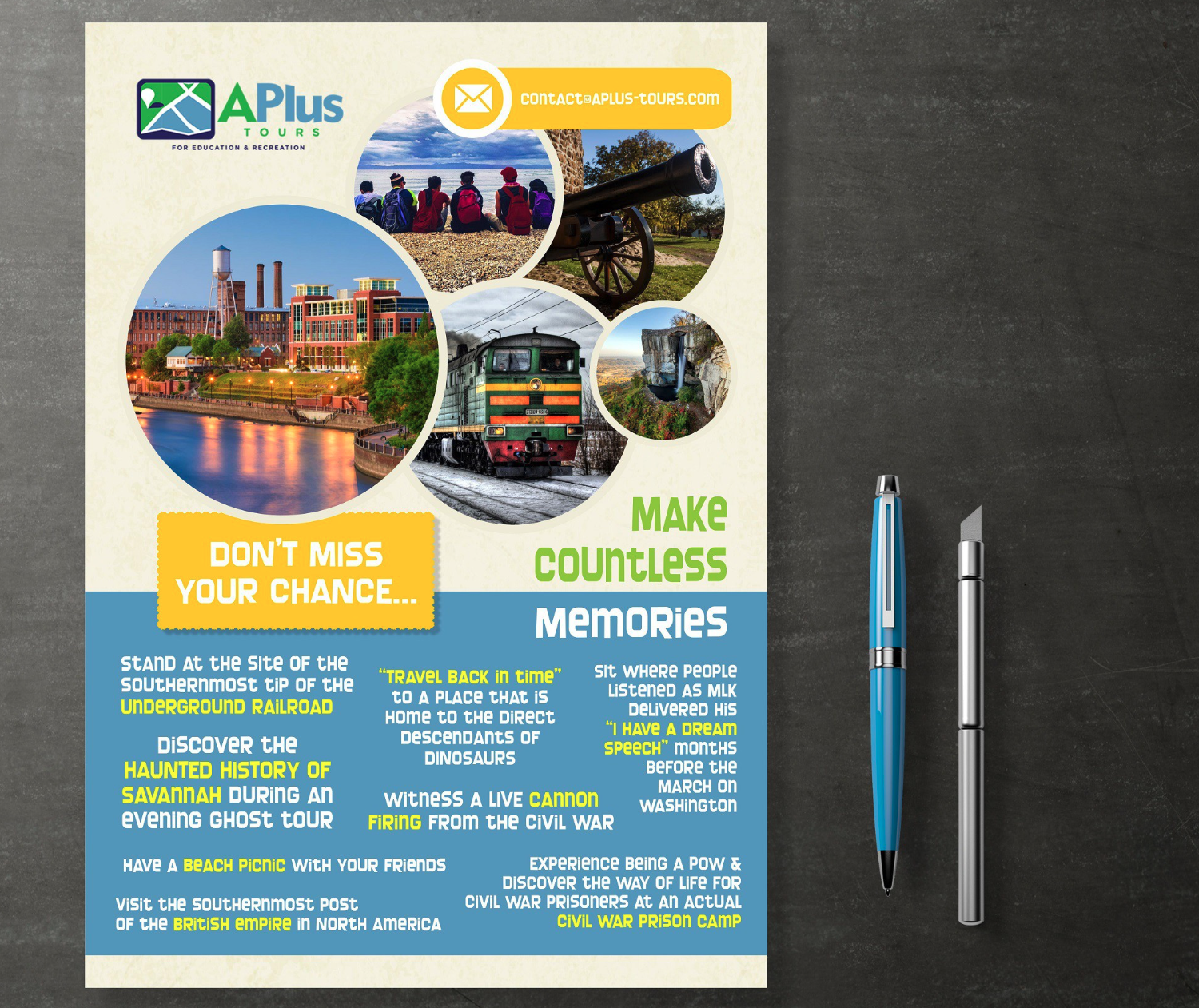 Blue and yellow flyer with a tan background and outdoors imagery