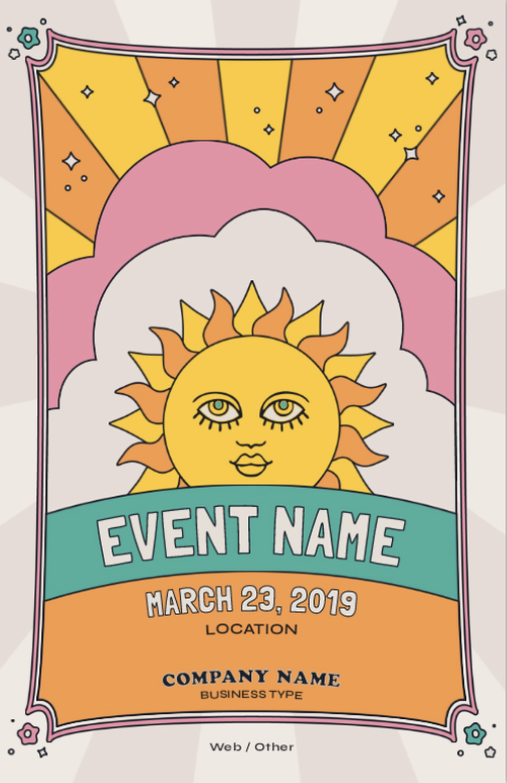 An event poster template featuring bright colors and an illustration of a sun