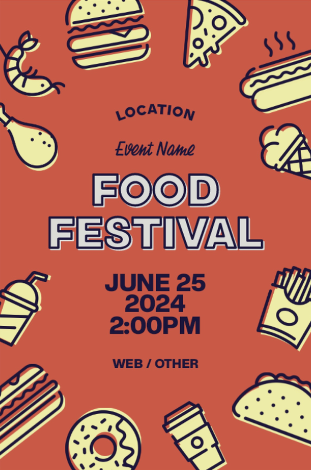 A food festival poster template with illustrations of food and drinks
