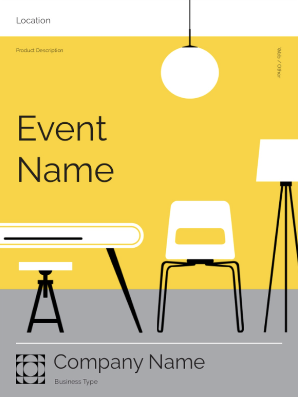 Yellow event poster template with illustrations of furniture