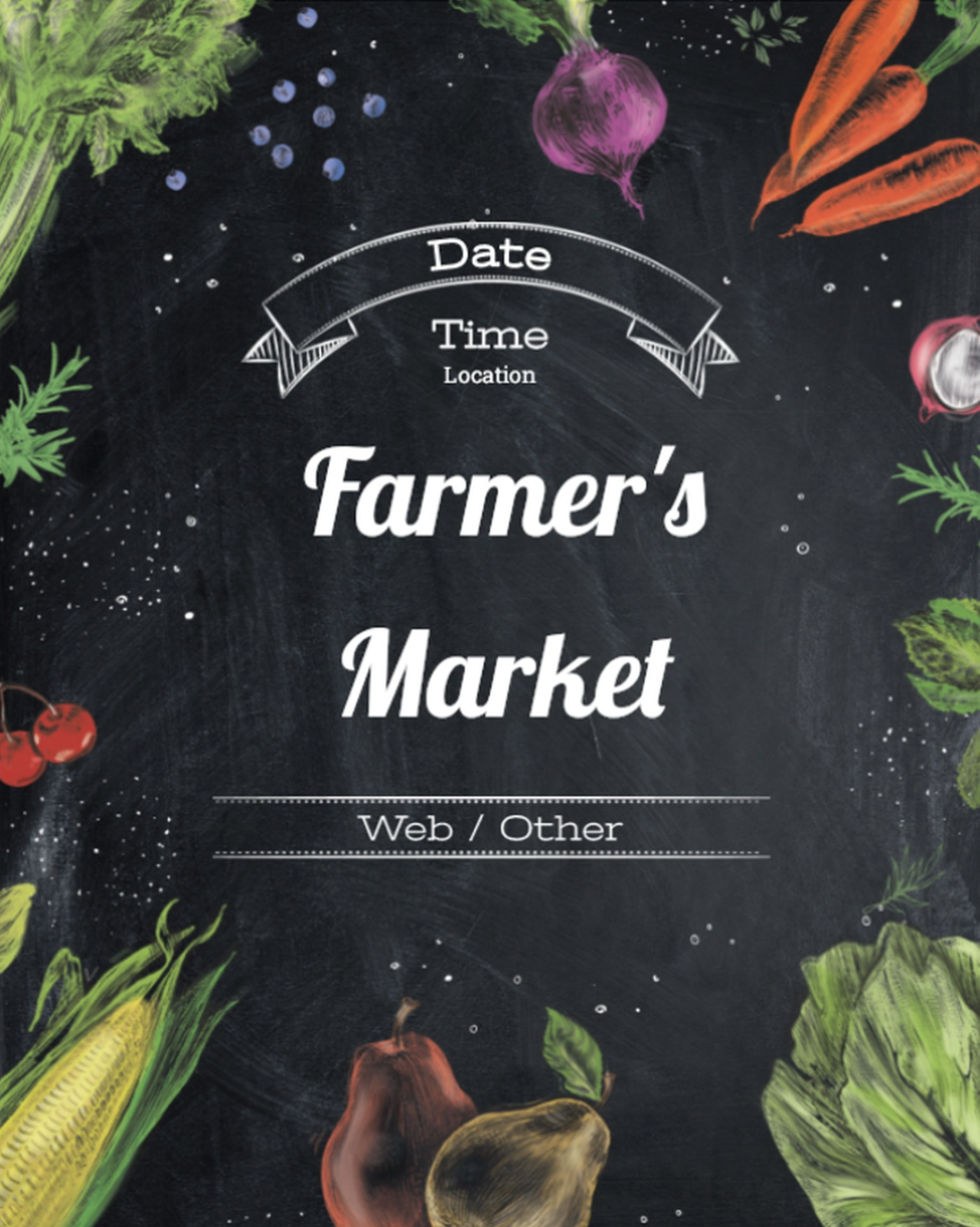 Farmers’ market poster template featuring colorful illustrated fruit and vegetables