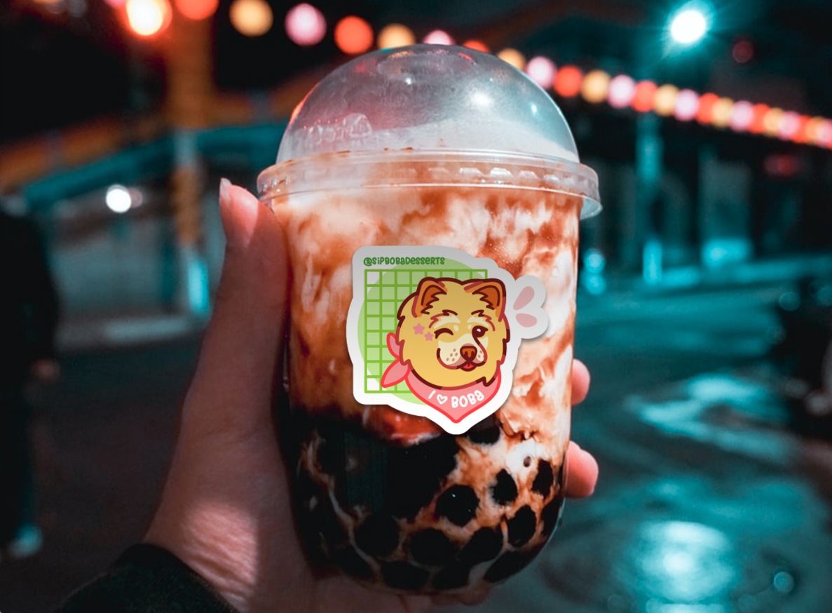 colorful cartoon-style stickers featuring a dog and bubble tea
