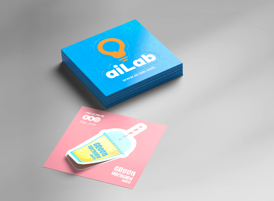 blue AIlab sticker and pink and yellow beverage sticker