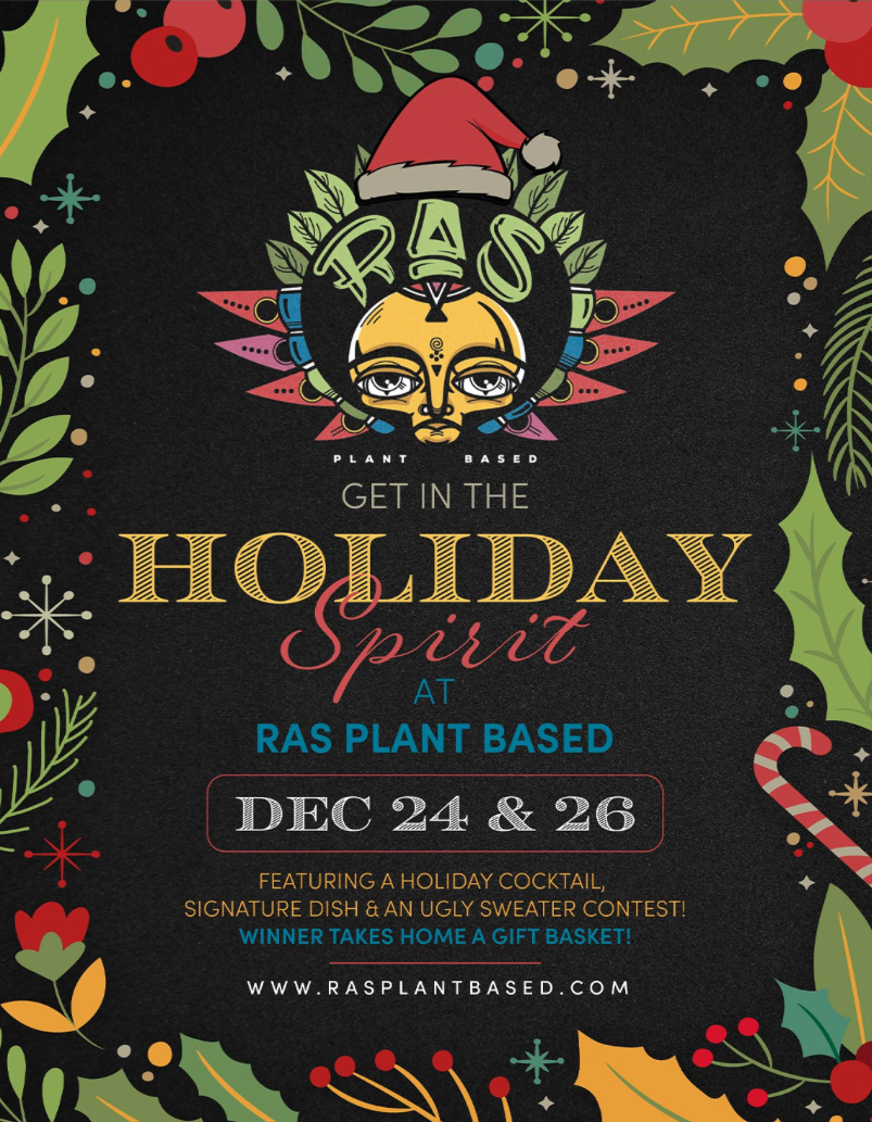 Holiday flyer design with centered text and a wreath illustration around the edges