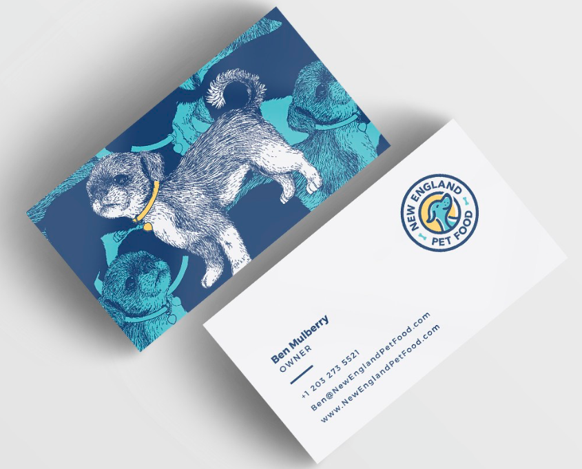 pet food company business card featuring an illustration of a dog