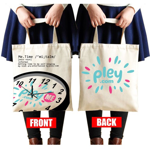 Playful tote bag for pley.com, featuring a black clock illustration with light blue and pink accents, embodying the essence of "Me.time".