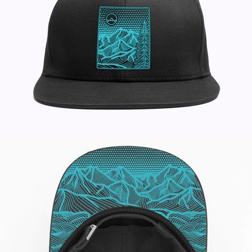 Hat design with a Japanese-inspired abstract mountain view in serene turquoise tones, inviting adventure with a touch of tranquility.