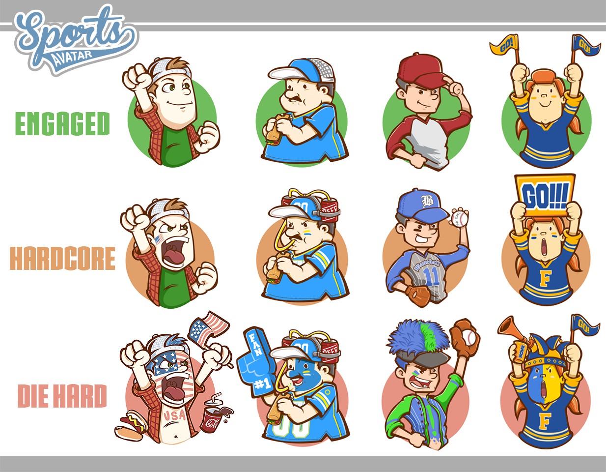 Cartoon illustration series of sports-themed spectator avatars