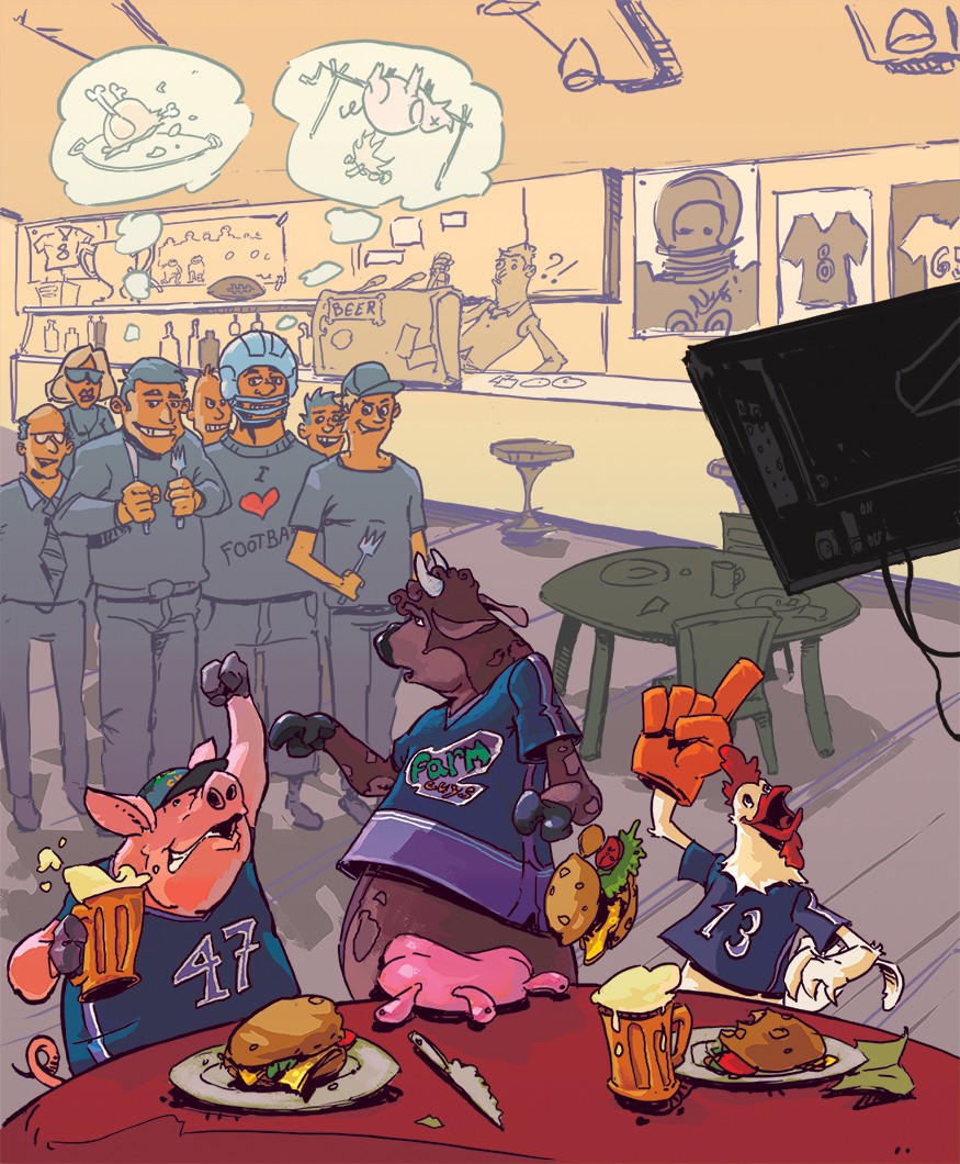 Illustration of farm animals watching a sports game in a bar