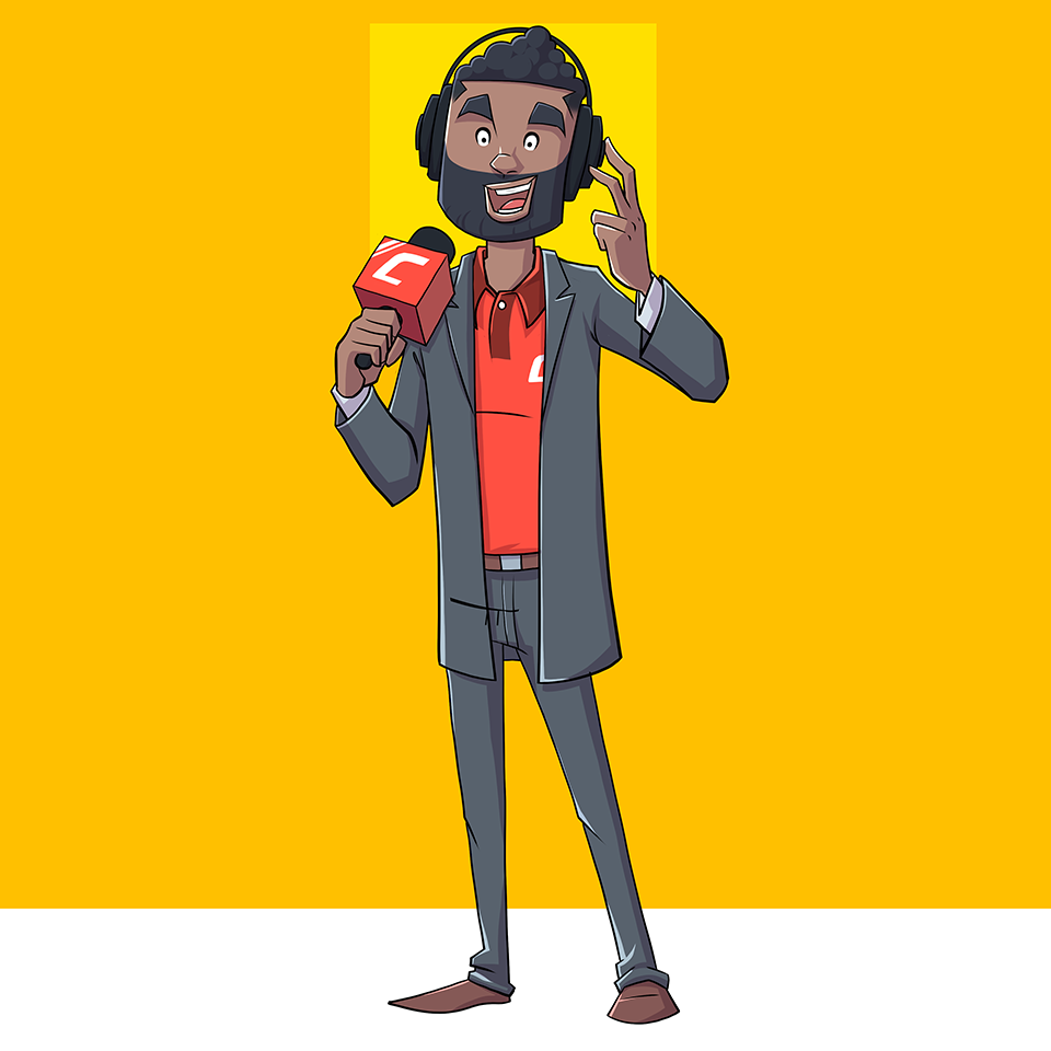 Illustration of a sports commentator with a microphone