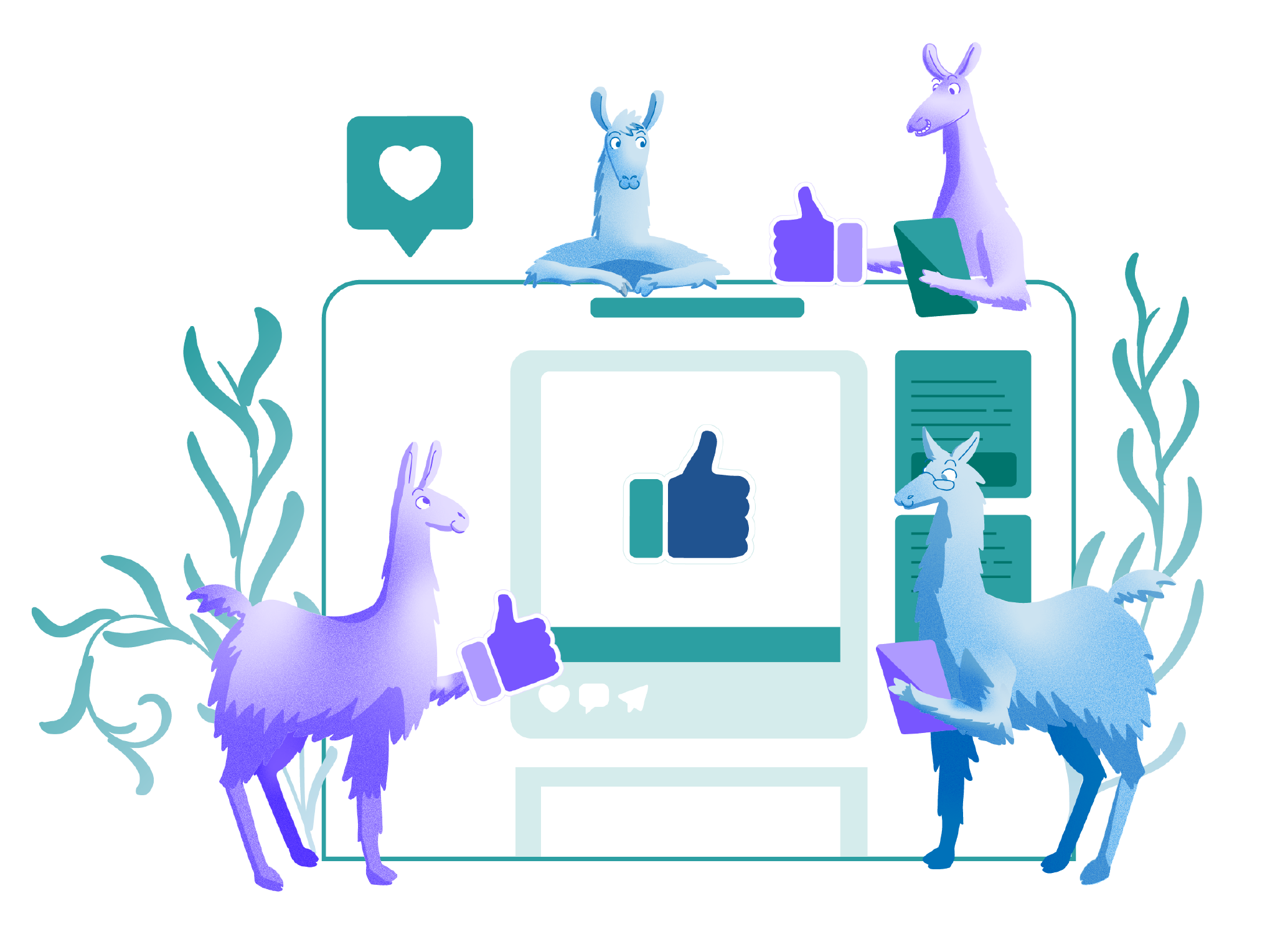 Illustration of llamas working on a website