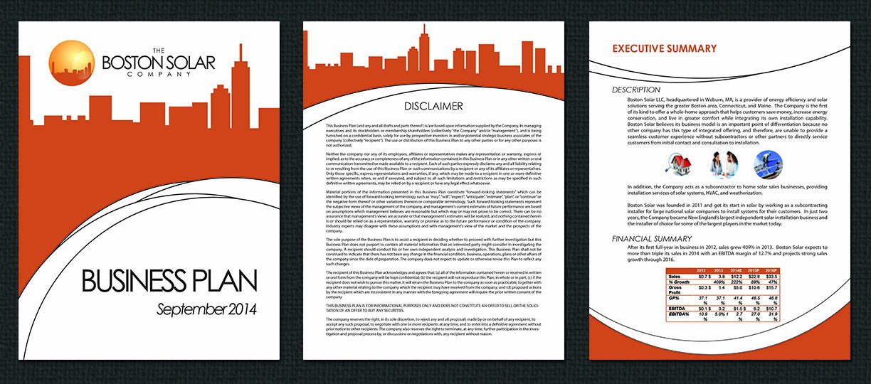 three pages of a business plan