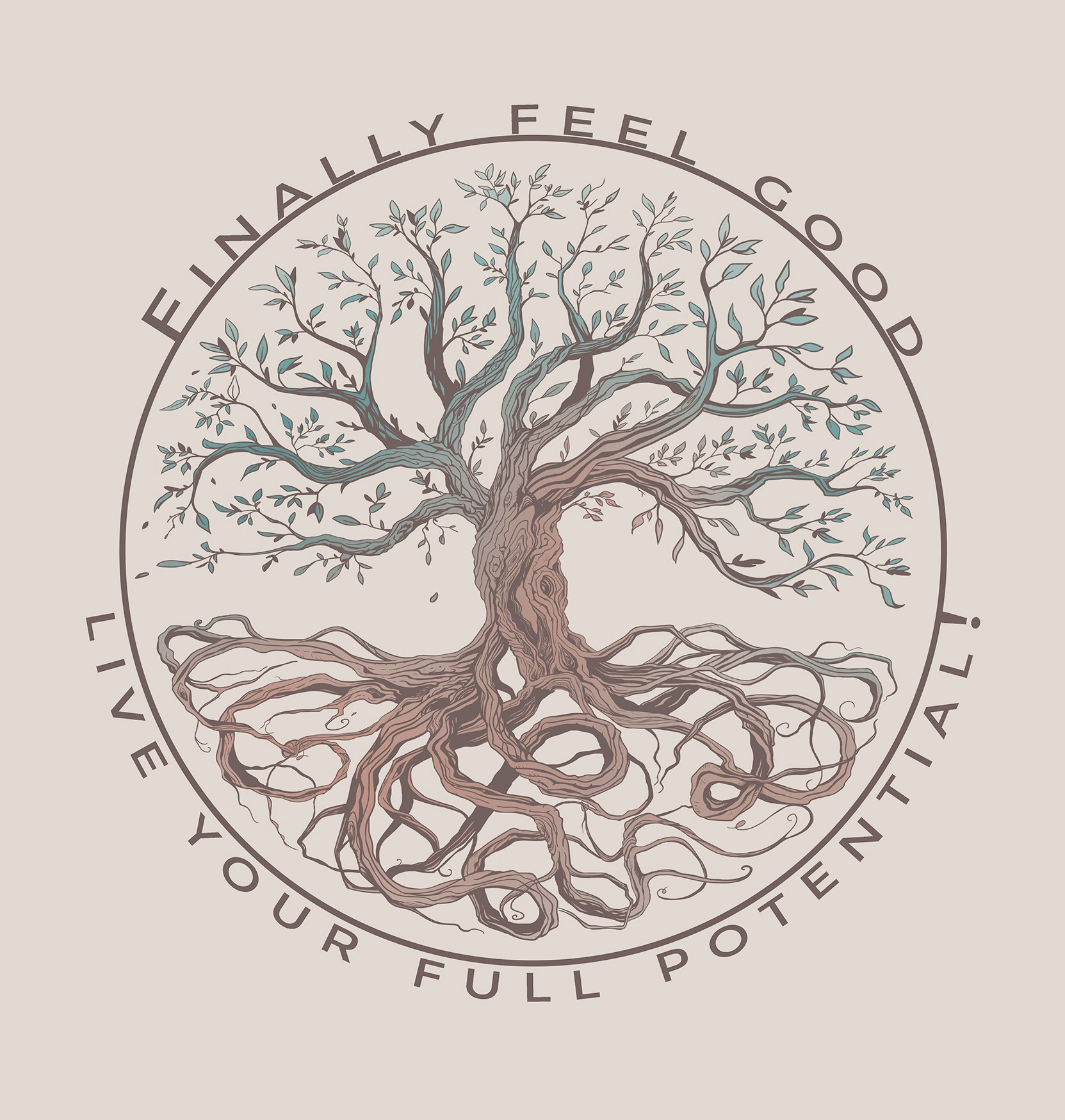 pastel-toned design featuring a tree in a circular logo with text around the perimeter