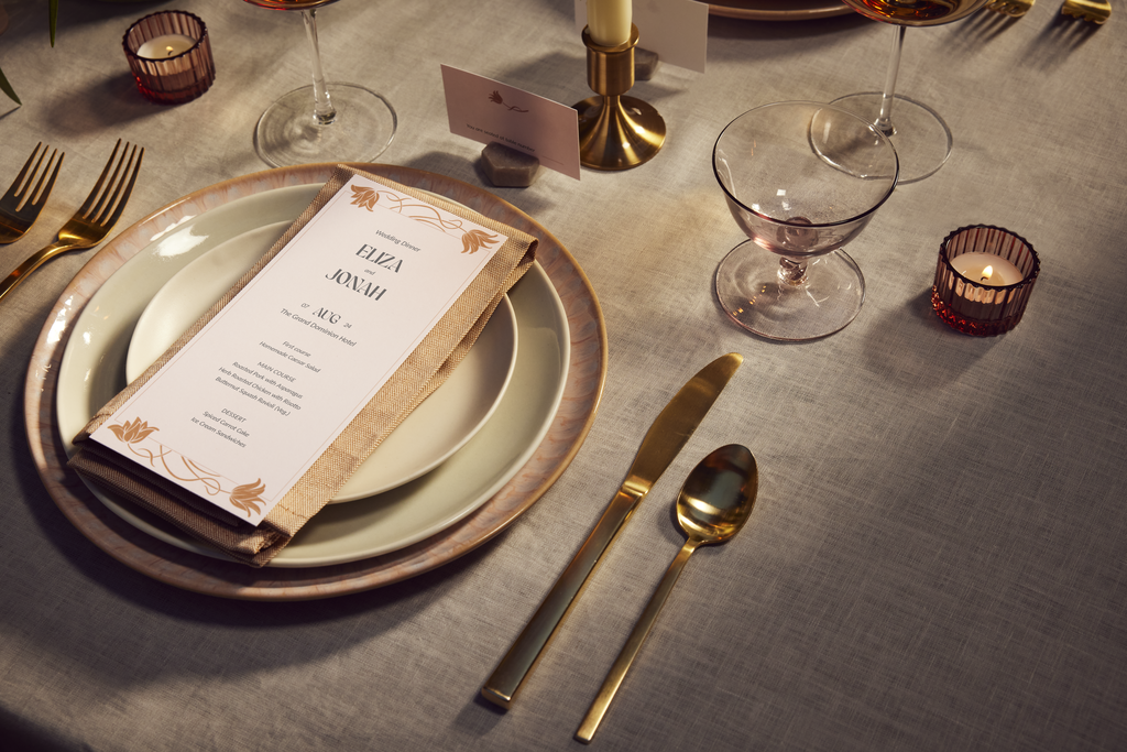 romantic wedding table setting with menus