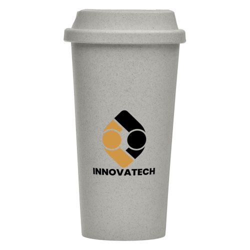 branded tumbler featuring a yellow and black logo