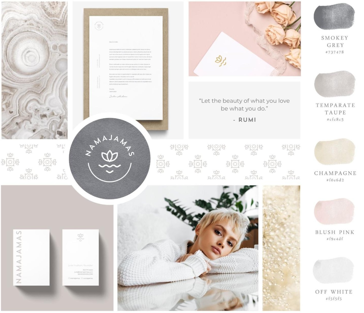 A collage of colors and pictures of flowers and a woman for a custom sports clothing brand moodboard