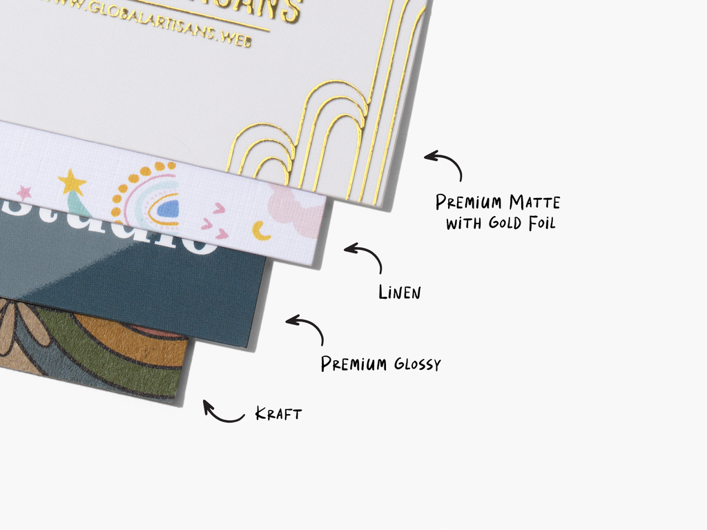 Examples of different business card materials available on VistaPrint
