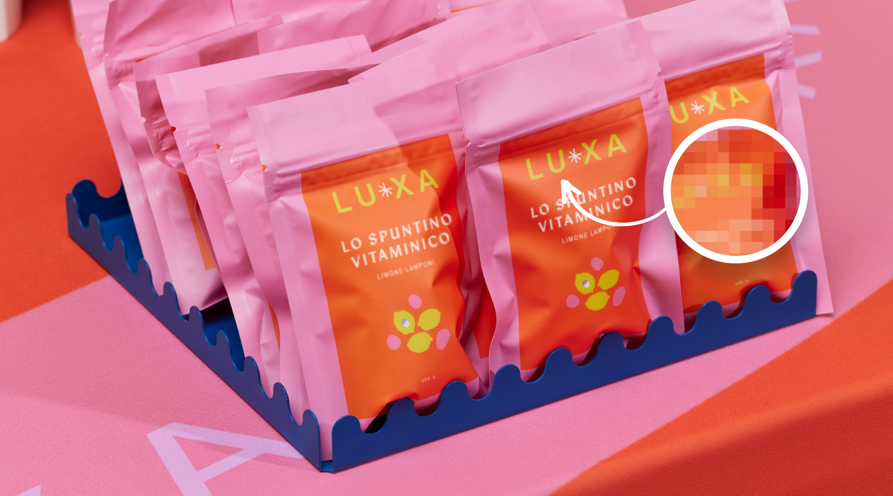 Colorful packaging with zoomed in sample shows pixelated quality of raster images