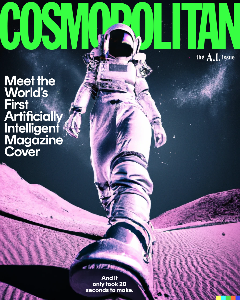 Cosmopolitan cover image designed by Dall-E 2 AI tool