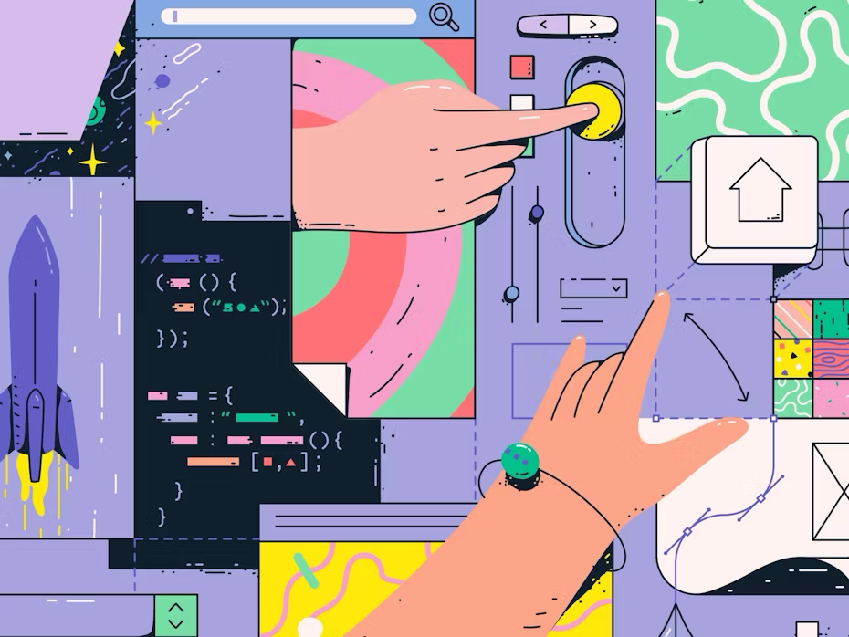 Illustrated, abstract interpretation of web development with two hands working at machine and shapes