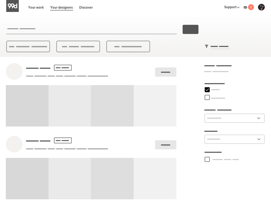 Wireframe for the 99designs by Vista search page