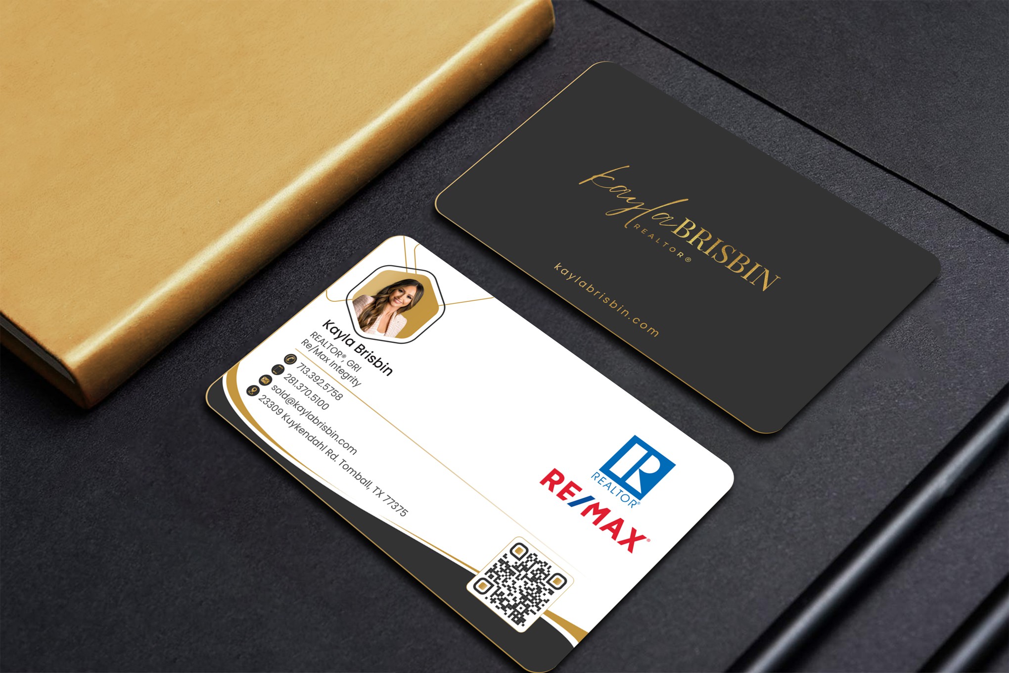 A business card design with a photo and a QR code