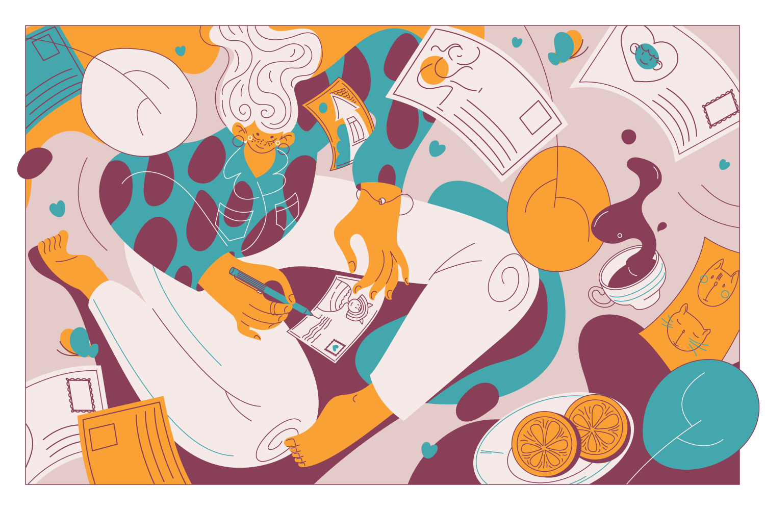 Abstract illustration of an artist creating postcards