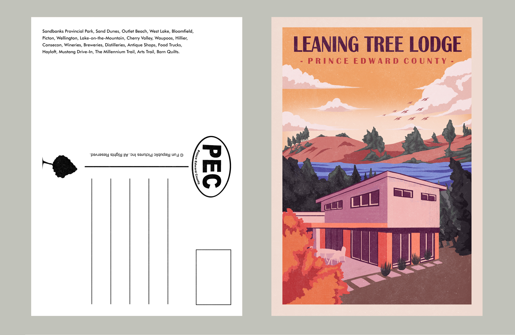 Illustrated postcard design for a tree lodge resort