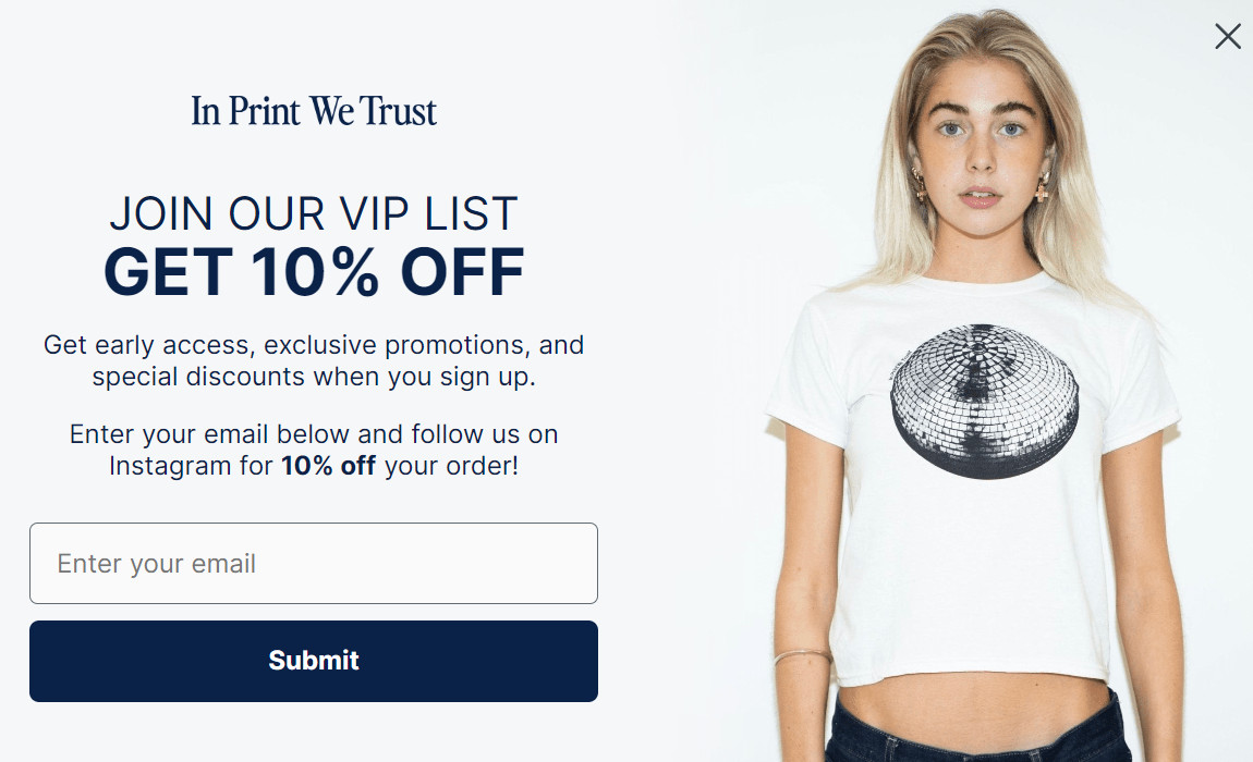 Email subscription popup window on the In Print We Trust 