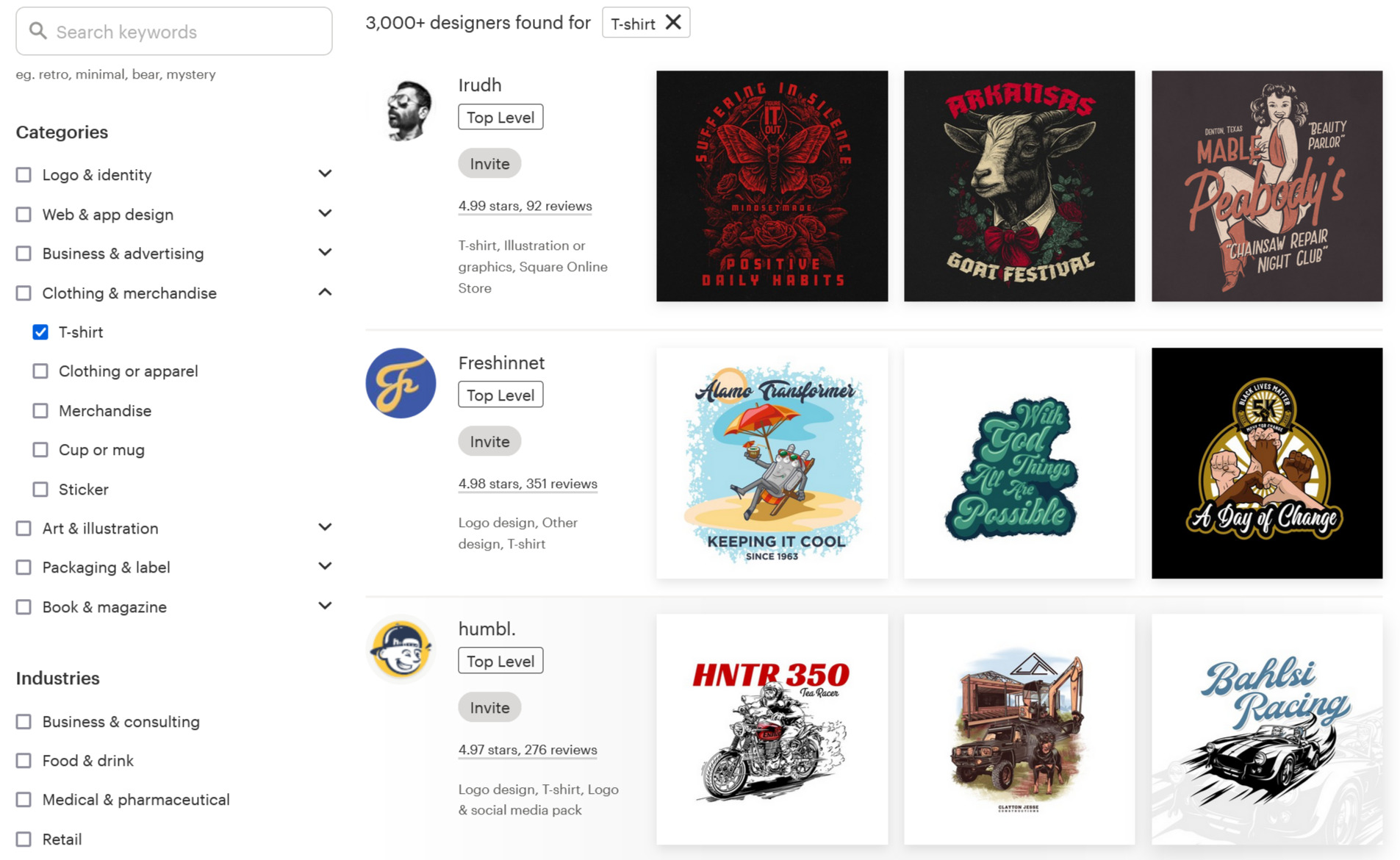 The Find a Designer page with the category T-shirt on 99designs by Vista