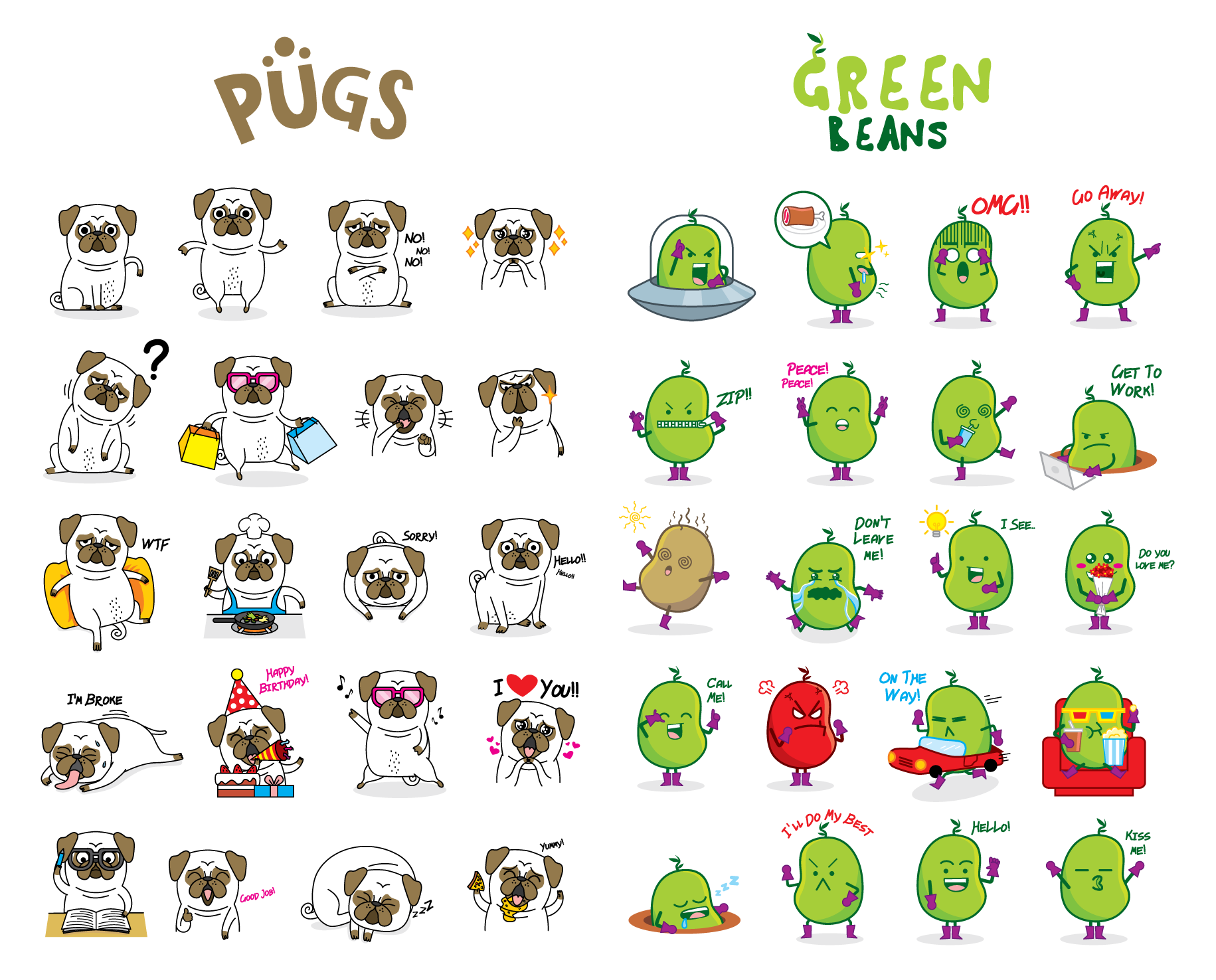 pugs and green bean stickers