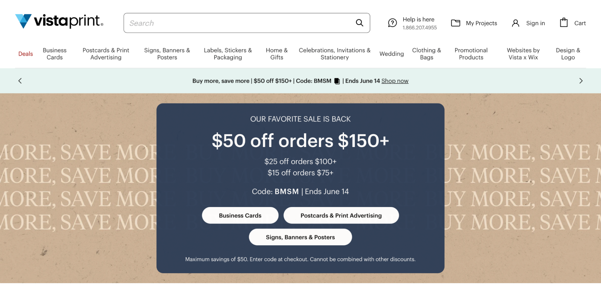 Screenshot of the homepage of VistaPrint