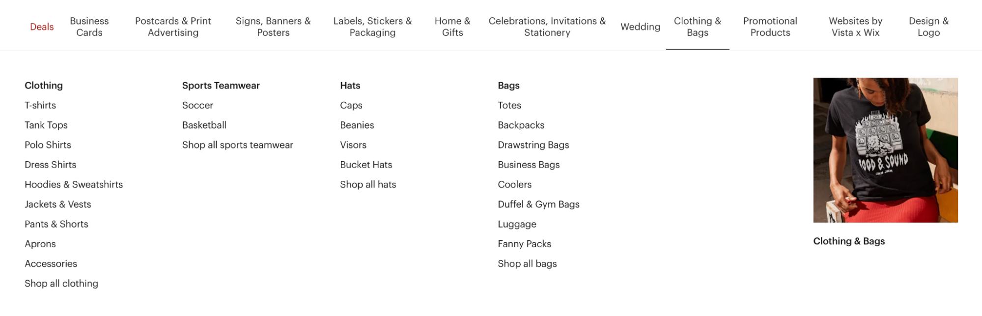Range of categories and products on VistaPrint