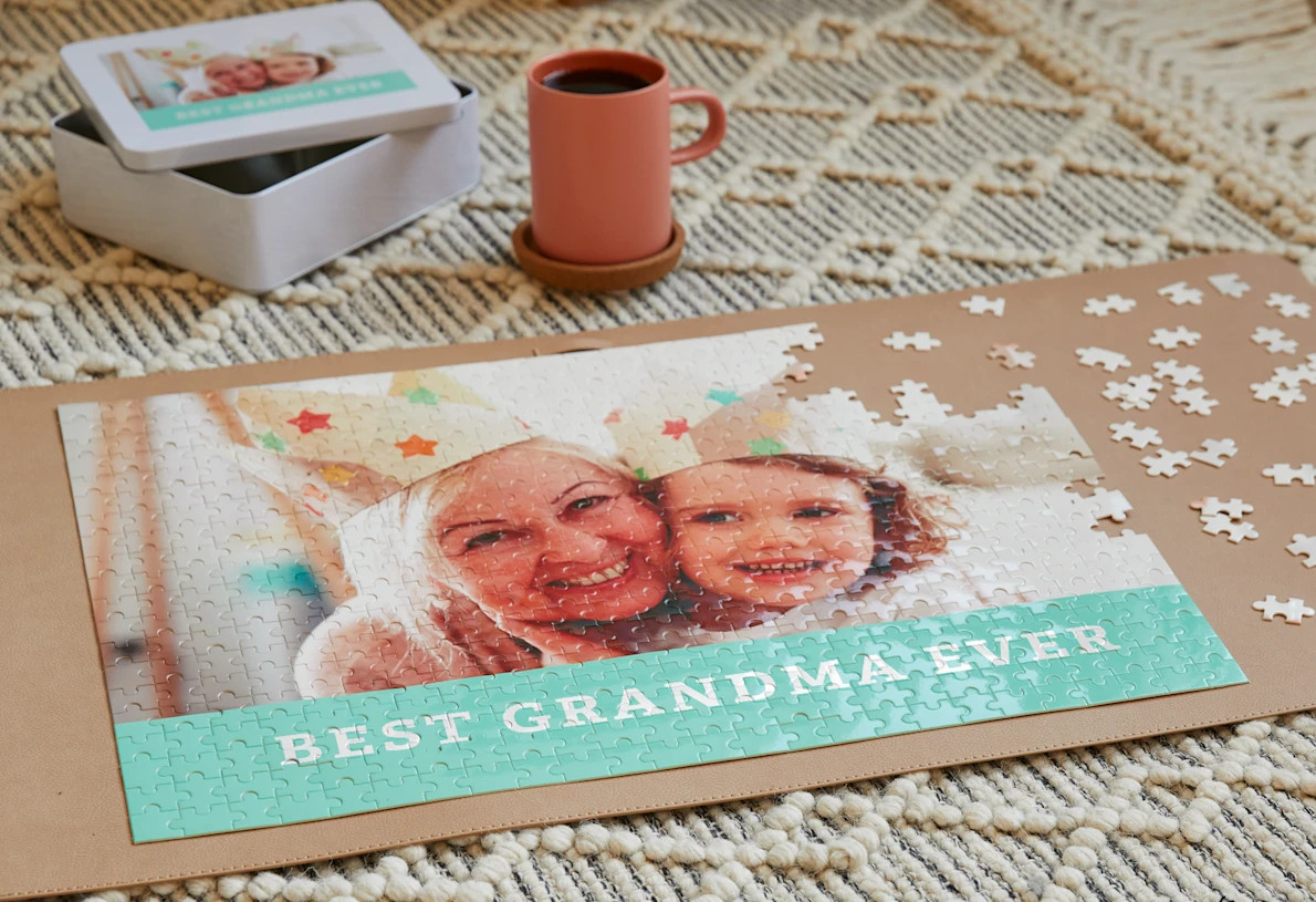 A custom puzzle with a photo of a little girl and her grandma