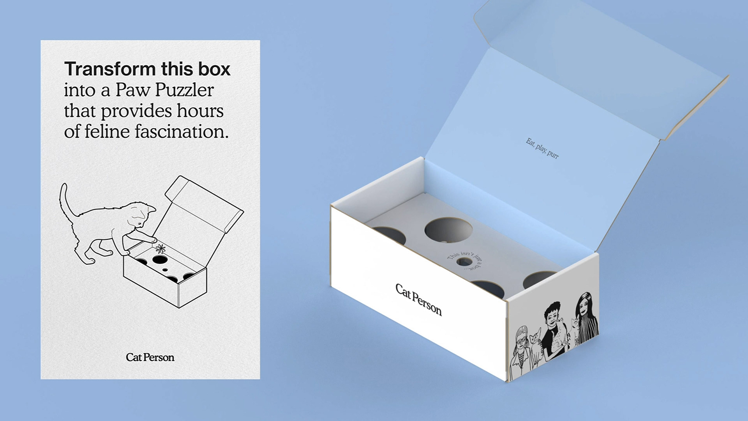 Cat Person’s shipping box for cat food that transforms into a Paw Puzzler