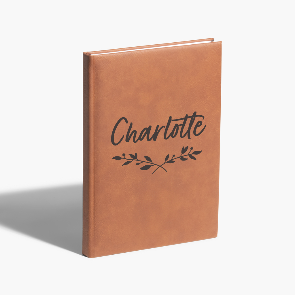 Personalized faux leather journal with a name on the cover