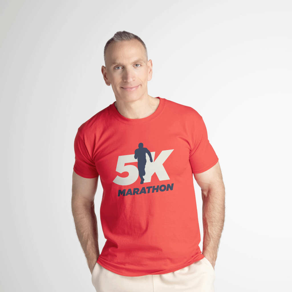 Man wearing a orange custom marathon cotton shirt.