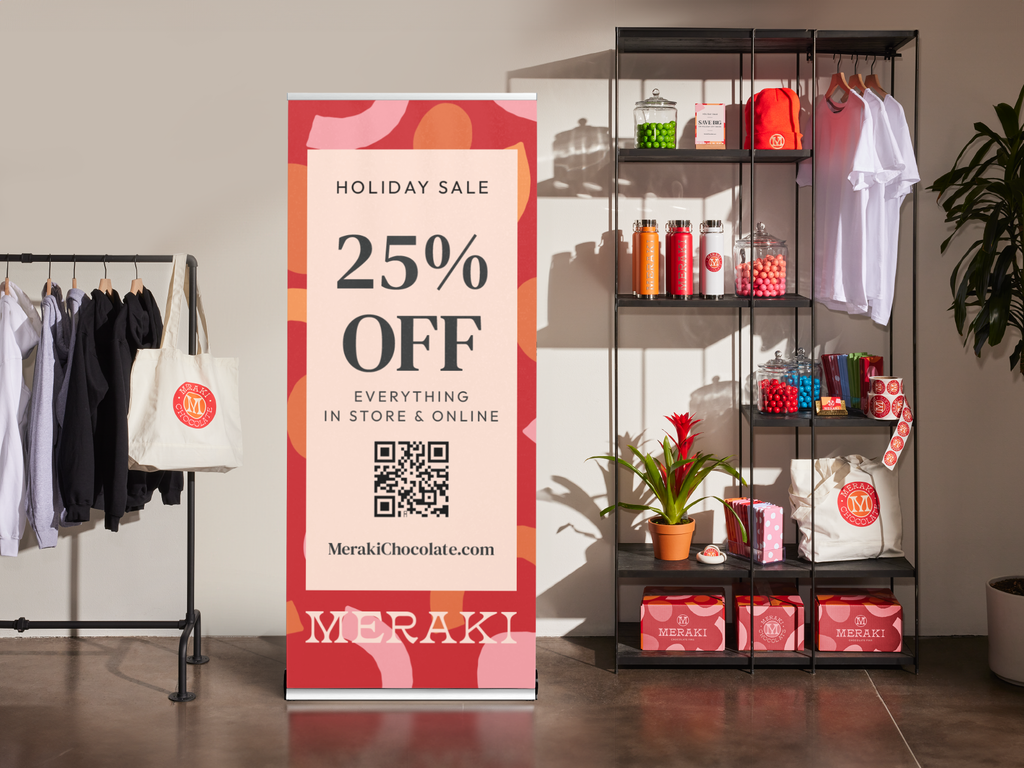 Promotional retractable banner with a QR code.