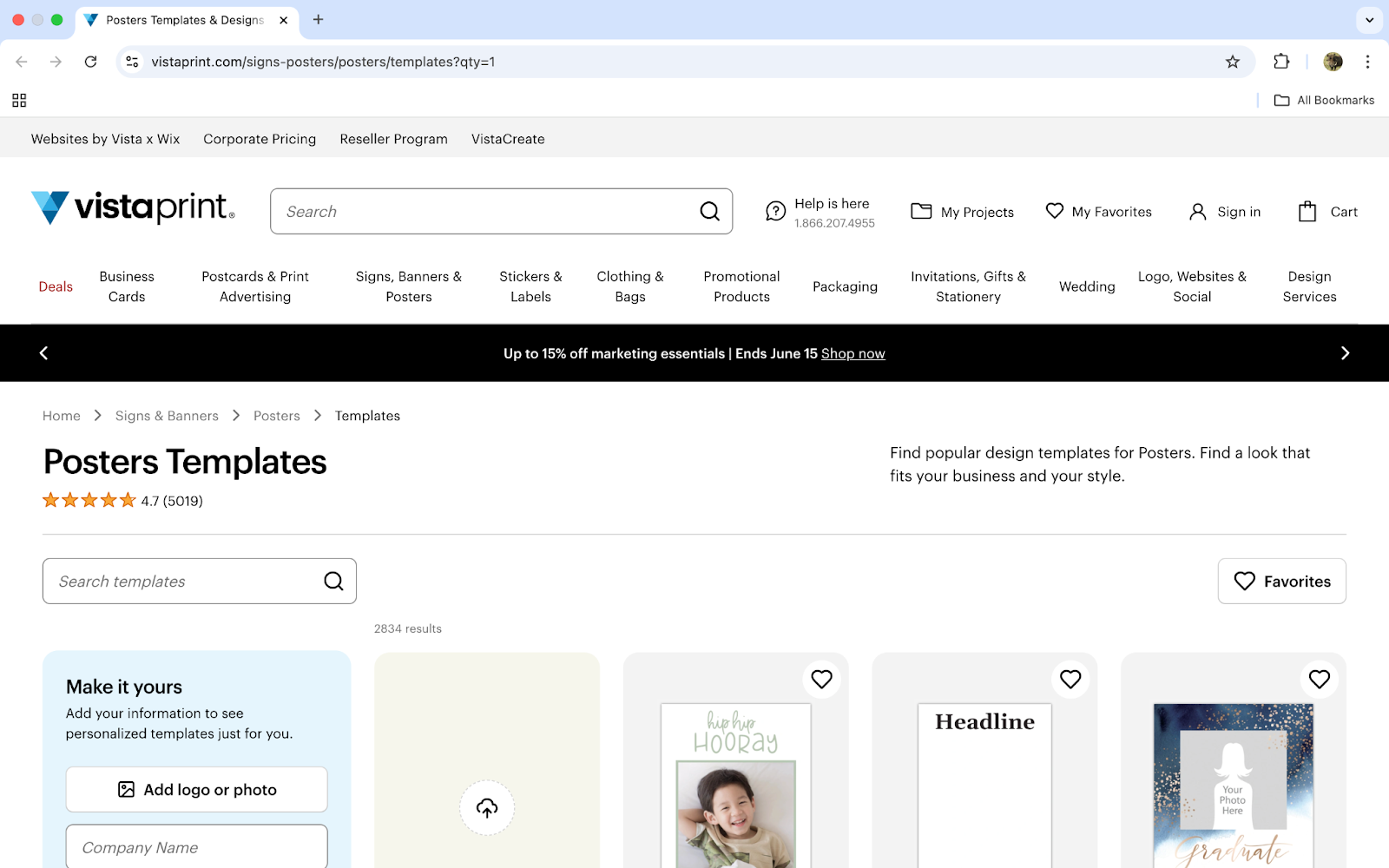 Choose a template to get started in VistaPrint Studio.