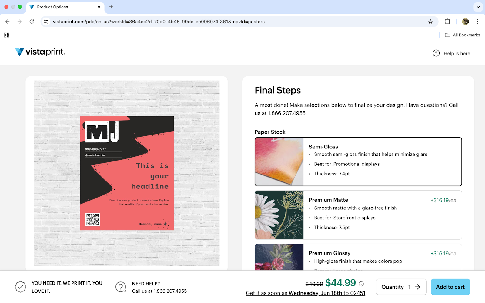 Choosing paper stock in VistaPrint Studio.