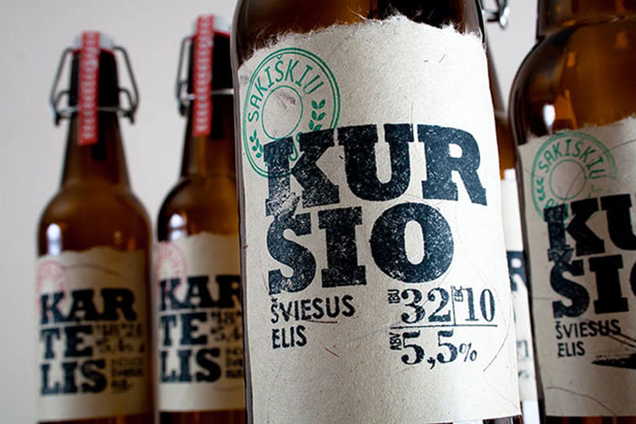 Brown glass bottles with custom-ink-stamped labels.